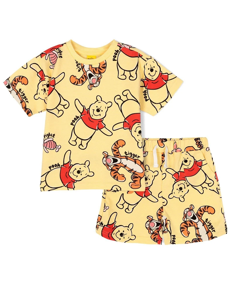 Winnie the Pooh Toddler Allover Print Short Sleeve Jersey Top and French Terry Bottoms Outfit
