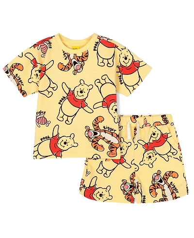 Winnie the Pooh Toddler Allover Print Short Sleeve Jersey Top and French Terry Bottoms Outfit