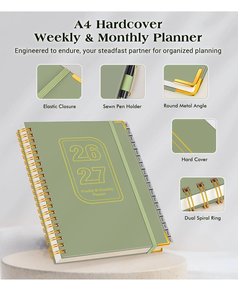 Gnuadz Planner 2026-2027 Weekly Monthly Hardcover Spiral Agenda - a4 (jan 2026