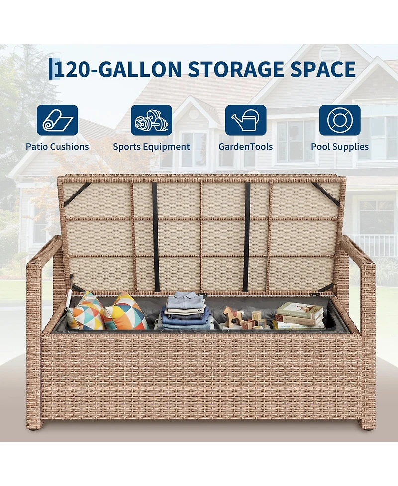 gaomon Outdoor Storage Bench with Cushion, 2-Person All-Weather Pe Rattan Patio Bench with Backrest and Armrests