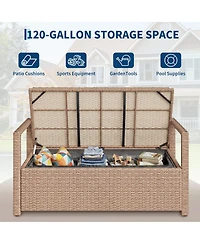 gaomon Outdoor Storage Bench with Cushion, 2-Person All-Weather Pe Rattan Patio Bench with Backrest and Armrests