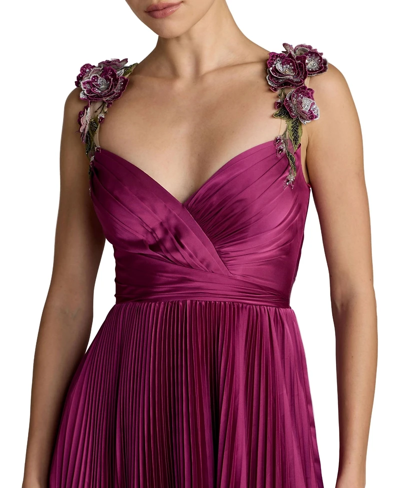 Mac Duggal Petite Pleated High-Low Gown with Floral Straps