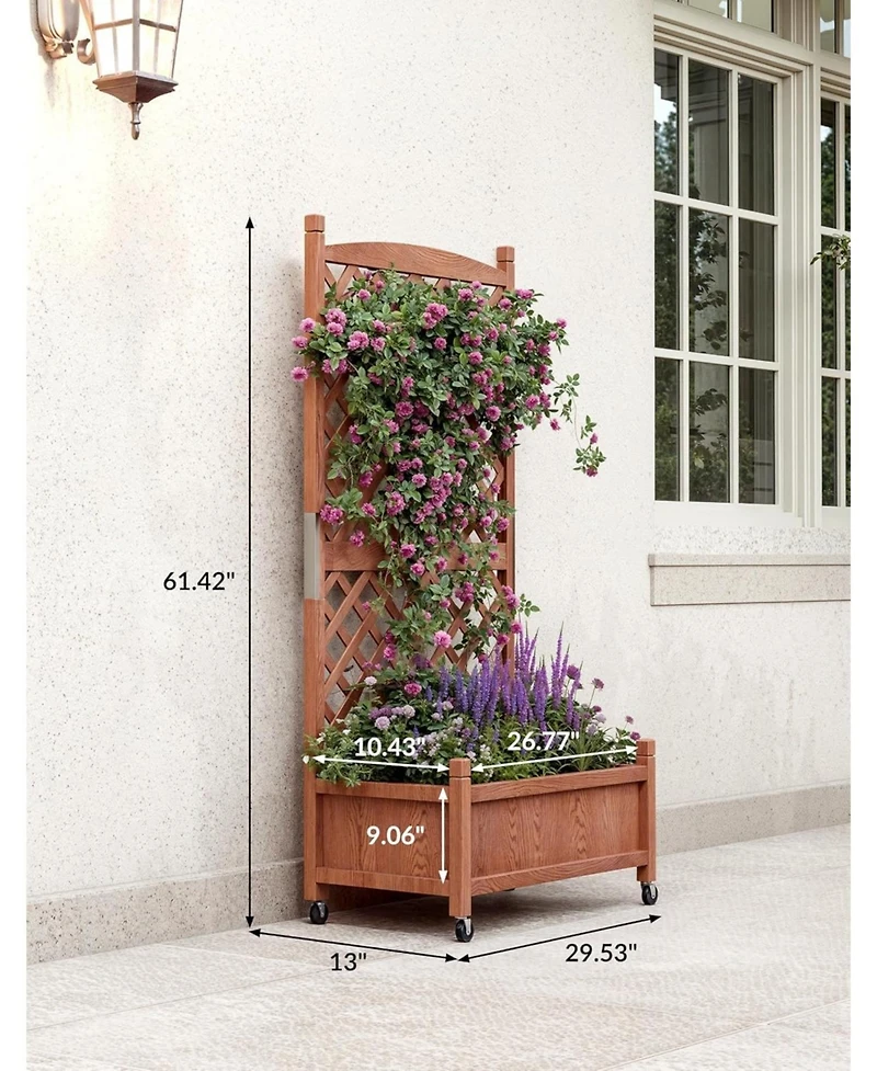 Xo 29.5" Wooden Raised Garden Bed with Trellis and Wheels, Planter Box for Climbing Plants Flowers, Outdoor Patio Balcony