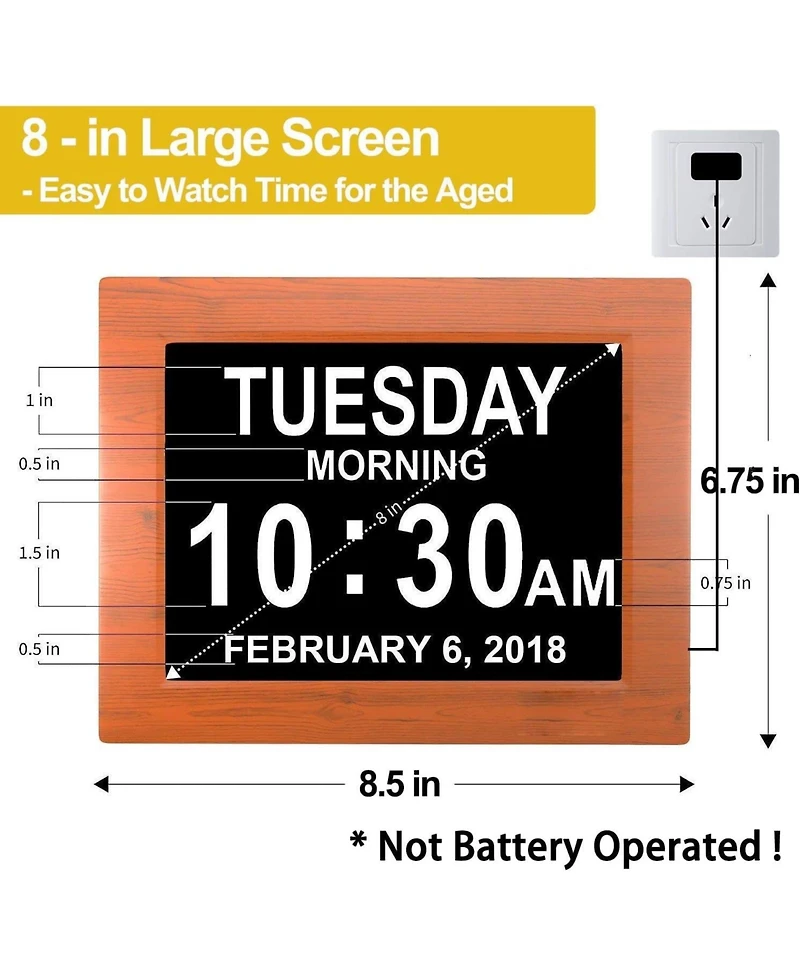 Jall 8 Inch Large Screen Digital Day Clock – 2 to 5 Alarms Auto Dimming Am Pm Date Month – Plug in Great for Dementia and Elderly