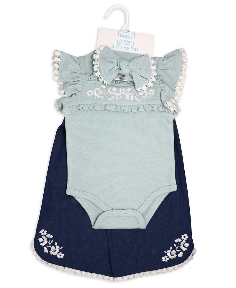 Baby Mode Girls' Short-Sleeve Bodysuit, Denim Pant and Headband, 3-Piece Set