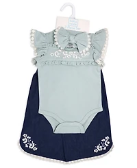 Baby Mode Girls' Short-Sleeve Bodysuit, Denim Pant and Headband, 3-Piece Set