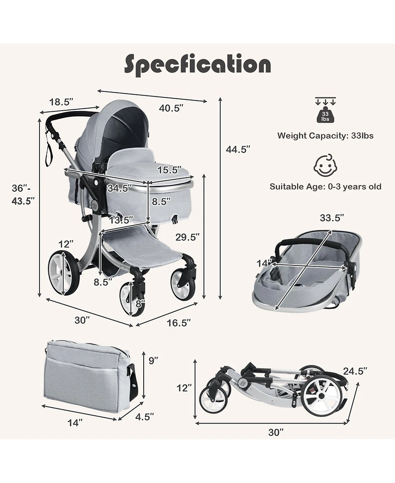 2-in-1 Baby Stroller High Landscape Infant Stroller w/ Reversible Seat