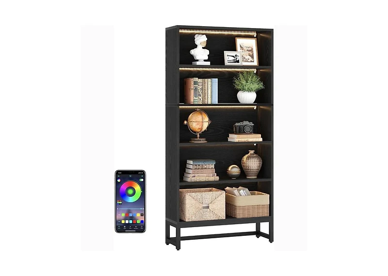 Slickblue 5-Tier Tall Bookcase with Led Lighting for Books, Decor, and Storage