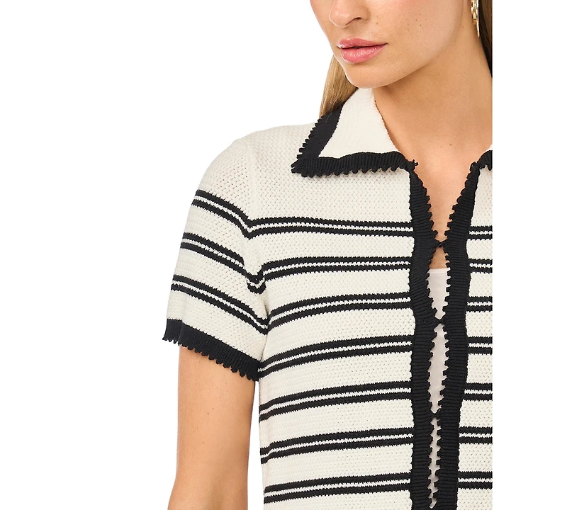 Vince Camuto Women's Striped Collared Short-Sleeve Cardigan