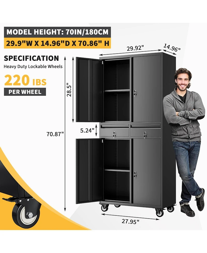gaomon 73 Inch Heavy Duty Metal Storage Cabinet with Wheels, Locking Doors and 2 Drawers for Garage, Workshop, Office