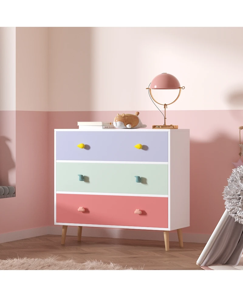 Rainsken Kids 3 Drawer Nightstand, Wooden Bedside Table, Toddler Storage Cabinet, Safety Anti-Tip Design for Living Room, Nursery