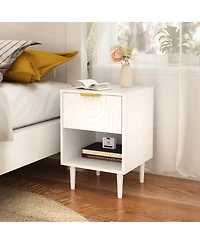 Rainsken Modern Nightstand, Wood End Table Kids Bedside Table with Drawer, Open Shelf and Gold Handle for Bedroom Decor