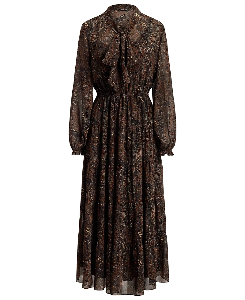 Lauren Ralph Petite Paisley Georgette Tie-Neck Tiered Dress