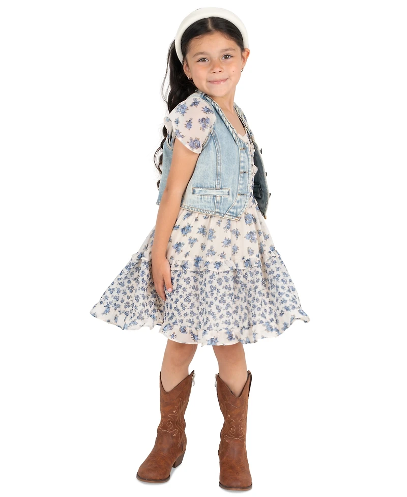Rare Editions Girls' 2T-6X Denim Vest and Twin Printed Chiffon Dress, 2-Piece Set