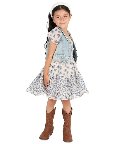 Rare Editions Girls' 2T-6X Denim Vest and Twin Printed Chiffon Dress, 2-Piece Set