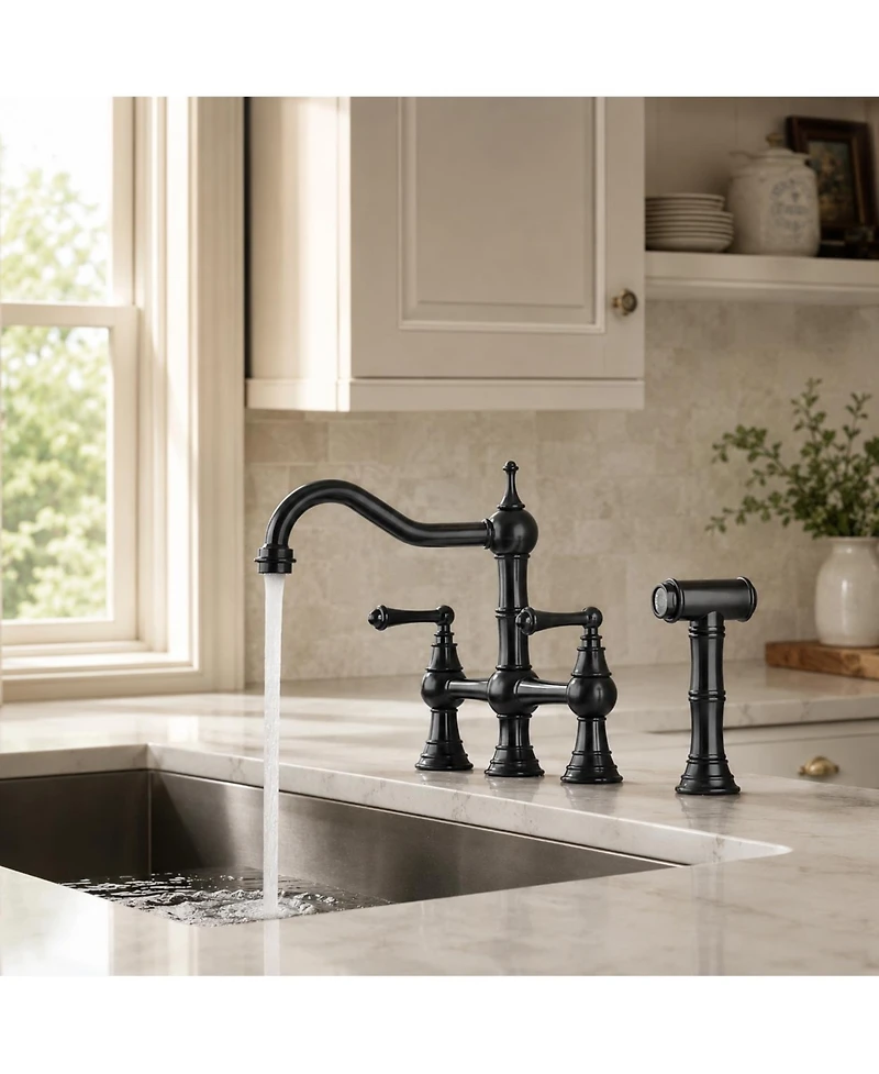Phying Bridge Dual Handles Kitchen Faucet Modern High Arc Sink Faucet with Flexible Pull Out Side Spray for Home Kitchen Utility Sink