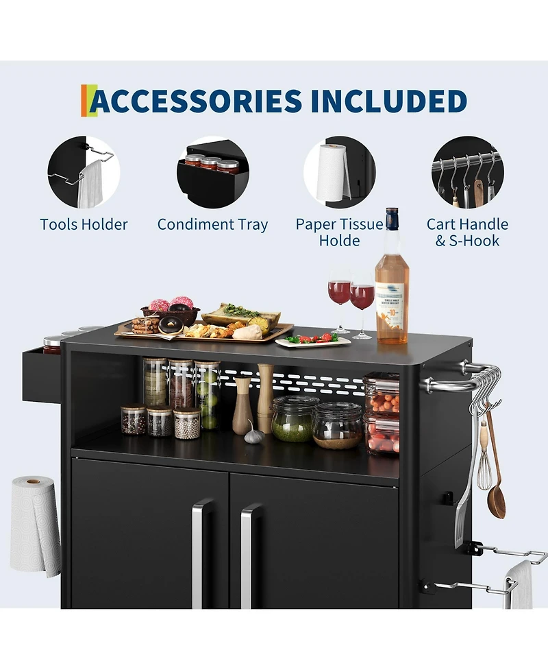 gaomon Stainless Steel Kitchen Cart with Storage Cabinet, Include Hooks, Spice Rack