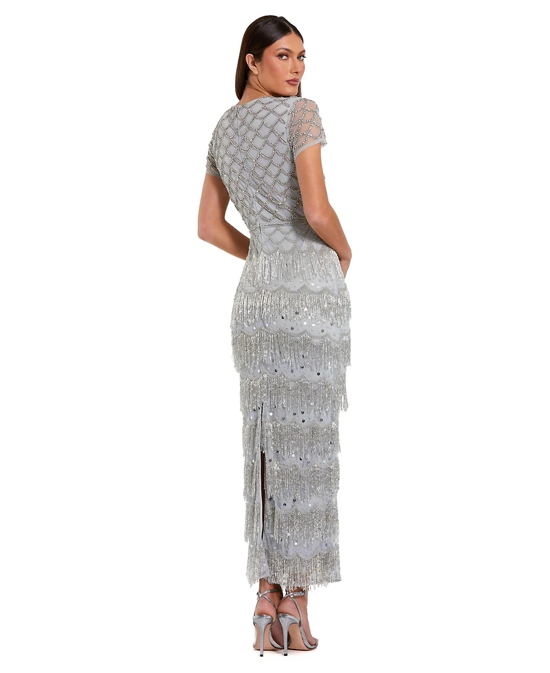 Mac Duggal Women's Fringe Embellished Mesh Maxi Dress