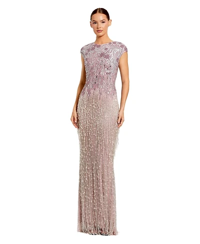 Mac Duggal Women's Fringe Beaded Mesh Short Sleeve Evening Gown