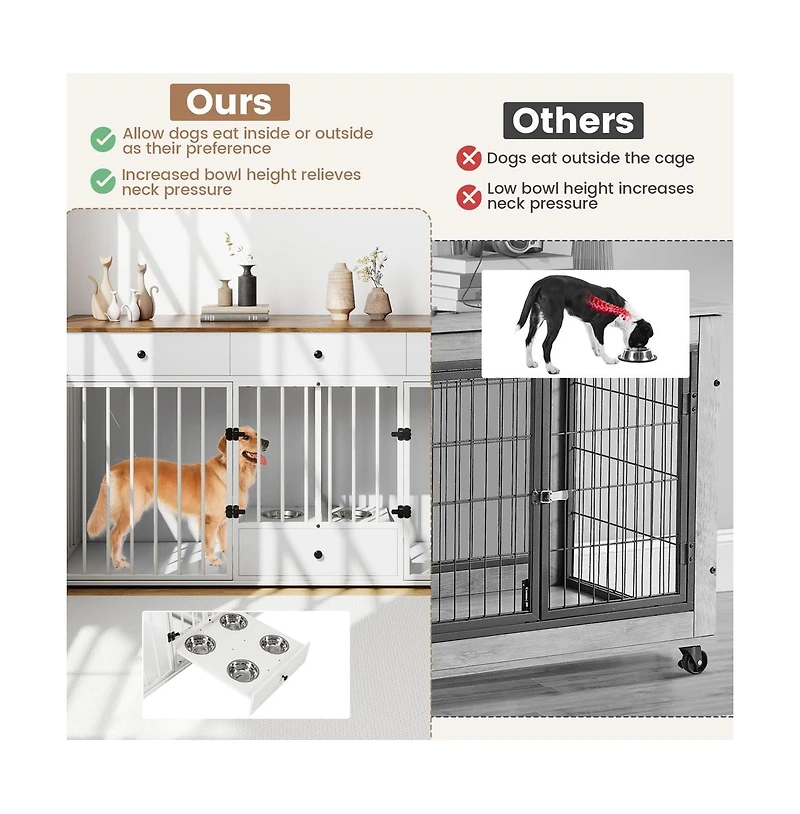 Ruie Indoor Dog Crate Kennel Furniture with Divider 3 Drawers and Pull-out Feeder