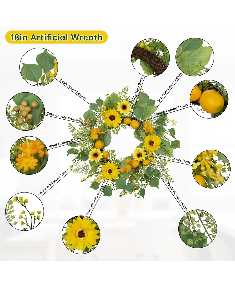 Gnuadz 19.7 " Lemon Sunflower Fern Wreath Silk Decor