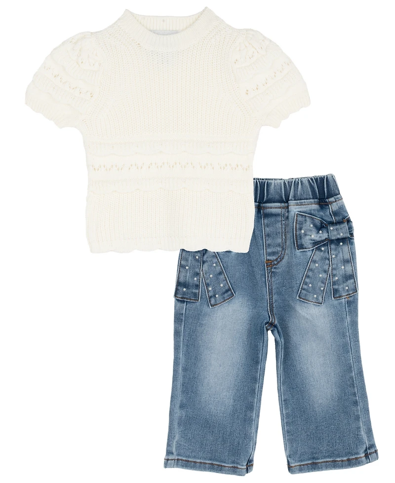 Rare Editions Baby Girls' Crochet Knit Short-Sleeve Sweater and Bow Print Pant, 2- Piece Set