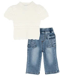 Rare Editions Baby Girls' Crochet Knit Short-Sleeve Sweater and Bow Print Pant, 2- Piece Set