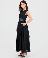 Tahari Asl Women's Boat-Neck Embellished Crinkle Taffeta Dress