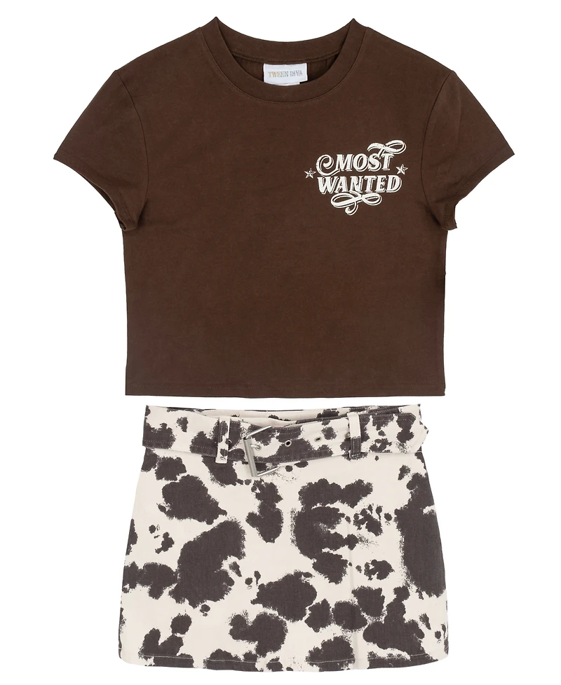 Tween Diva Girls' 7-16 Graphic T-Shirt and Cow Printed Twill Skort, 2-Piece Set