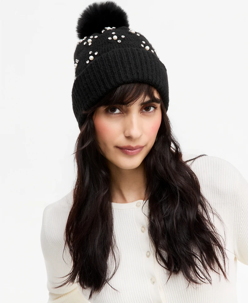 I.n.c. International Concepts Women's Imitation-Pearl Cable-Knit Beanie, Macy's Exclusive