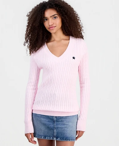 Madden Girl Juniors' Longline V-Neck Cable-Knit Sweater