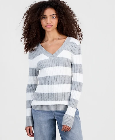 Madden Girl Juniors' Longline V-Neck Cable-Knit Sweater