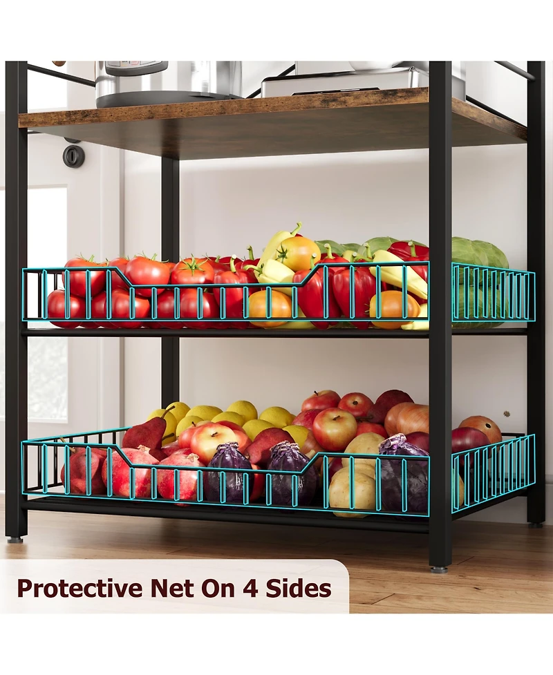 gaomon kitchen baking rack, microwave rack with 2 large metal wire baskets, coffee bar, 5-tier multifunctional storage 8 hooks