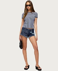 Edikted Women's Studded and Distressed Low Rise Denim Shorts