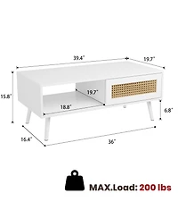 homfan Rattan Coffee Table with Storage, Farmhouse Boho Center Sofa Table with Sliding Door and Open Shelf for Living Room, Bedroom