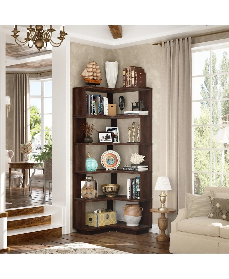 Aheaplus 5-Tier Corner Bookshelf, Space-saving Bookcase Display Storage Shelf