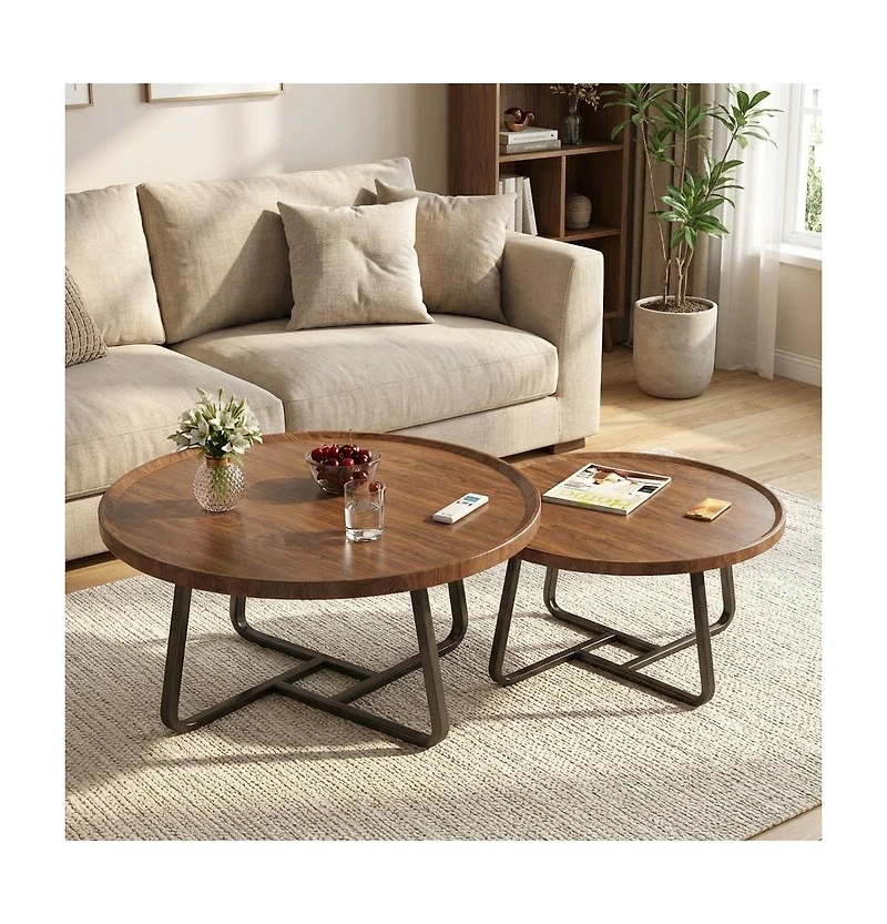 gaomon Modern Coffee Table Set of 2, Wrought Iron Small Round Tables, 80cm+60cm White Combo for Living Room or Office