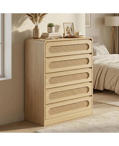 gaomon 5 Drawer Dresser, Farmhouse Wooden Vertical Dresser with Metal Handles, Modern Cabinet for Bedroom, Living Room