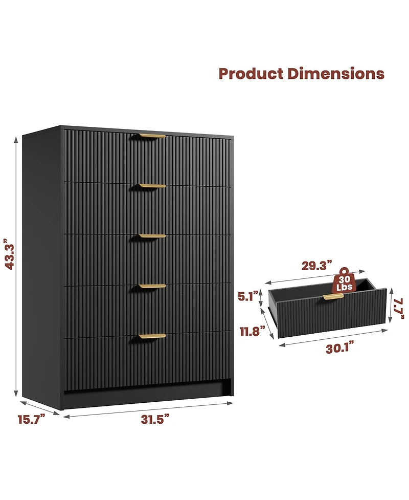 gaomon Fluted 5 Drawers Dresser For Bedroom, Wide Modern Chest of with Metal Handles, Living Room, Entryway, Hallway