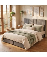 Homfan Bed Frame With Upholstered Headboard Adjustable Headboard Iron Platform Bed No Box Spring Needed Heavy Duty Bed Frame