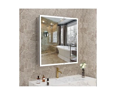 Casainc 30"W x 32"H Led Lighted Medicine Cabinet with Mirror, Anti-Fog Bathroom Mirror Cabinet