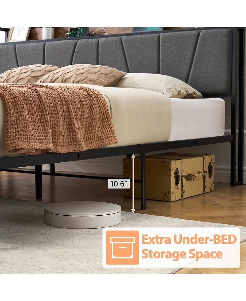 homfan Upholstered Bed Frame with Storage Headboard, Charging Station, 2 Drawers, Metal Slat Support