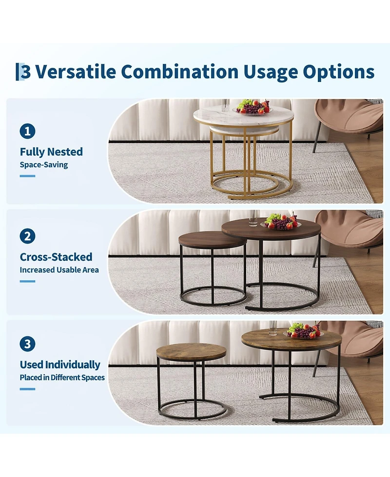 gaomon Round Nesting Coffee Table Set of 2, Round Coffee Table for Living Room, Space Saving Nesting Tables, Metal Frame