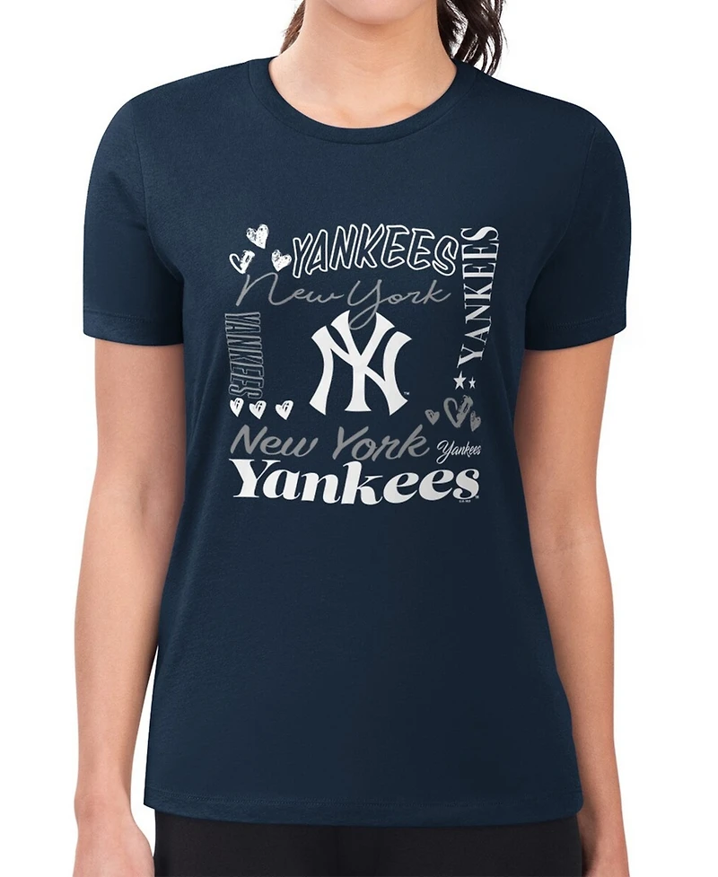 G-iii 4Her by Carl Banks Women's Navy New York Yankees Super-Slim Fit Lightweight Collage Team Graphic Crew Neck T-Shirt