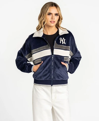 The Wild Collective Women's Navy New York Yankees Velvet Cord Full-Zip Jacket