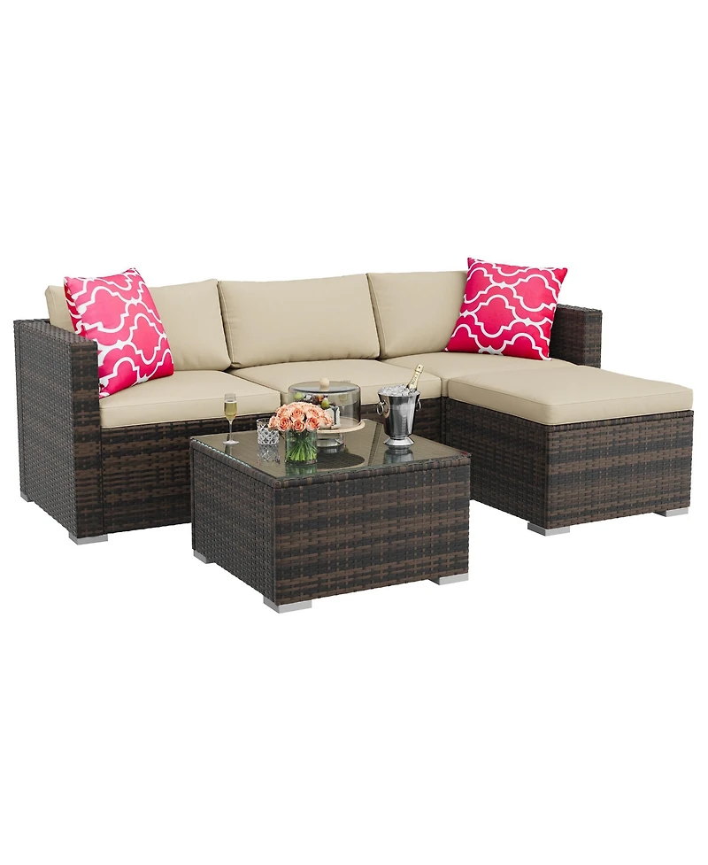 homfan Outdoor Patio Furniture Set with Modular Wicker Sectional Washable Cushions and Glass Top Table