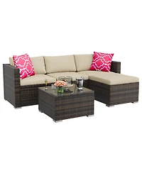 homfan Outdoor Patio Furniture Set with Modular Wicker Sectional Washable Cushions and Glass Top Table