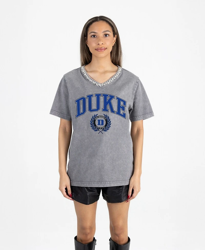 Gameday Couture Women's Gray Duke Blue Devils Iconic Edge Rhinestone V-Neck T-Shirt
