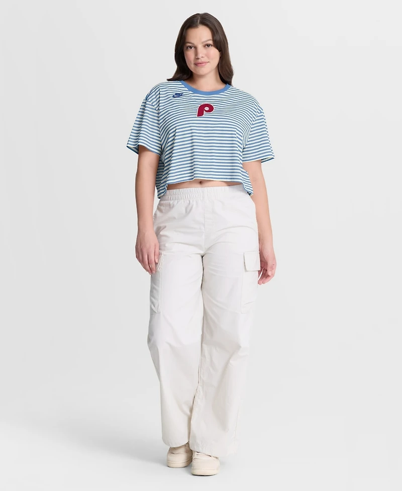 Nike Women's Light Blue/Cream Philadelphia Phillies Cooperstown Collection Striped Cropped T-Shirt