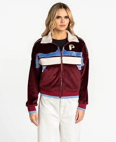 The Wild Collective Women's Burgundy Philadelphia Phillies Velvet Cord Full-Zip Jacket